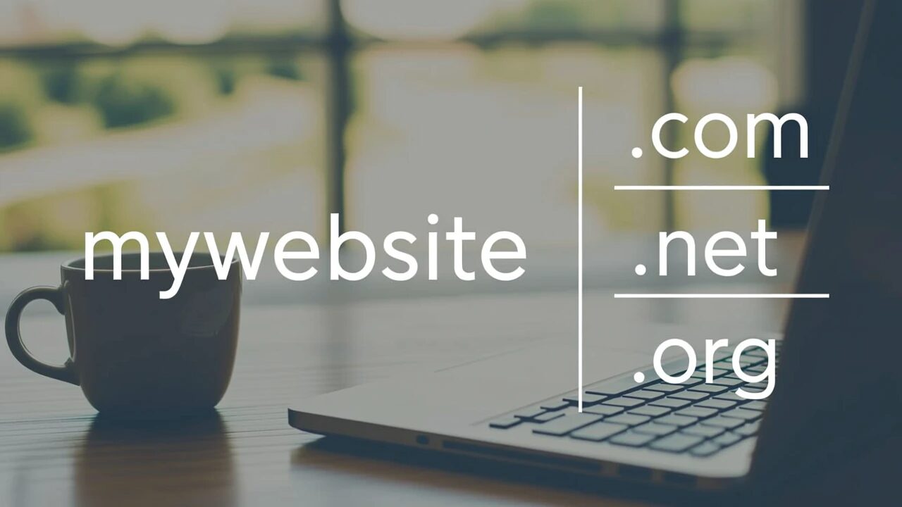An image representing a "mywebsite" text on the right side with .com .net and .org extensions on the right side.